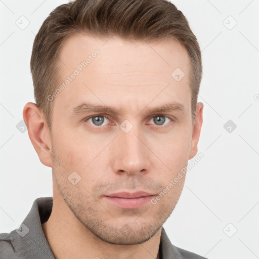 Neutral white young-adult male with short  brown hair and grey eyes