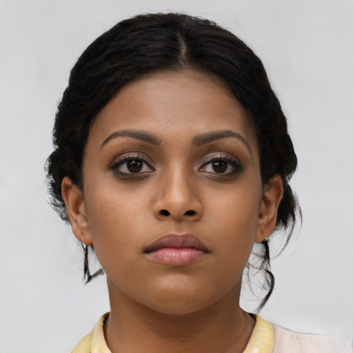 Neutral asian young-adult female with medium  black hair and brown eyes