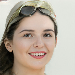 Joyful white young-adult female with long  brown hair and blue eyes