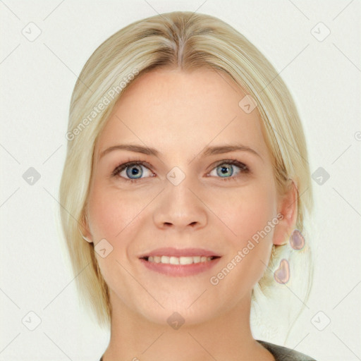 Joyful white young-adult female with medium  blond hair and blue eyes