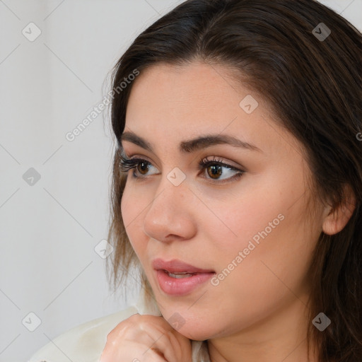 Neutral white young-adult female with medium  brown hair and brown eyes