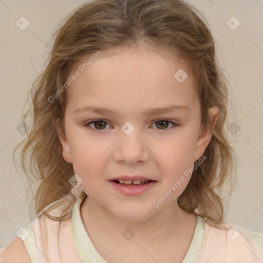 Joyful white child female with medium  brown hair and brown eyes