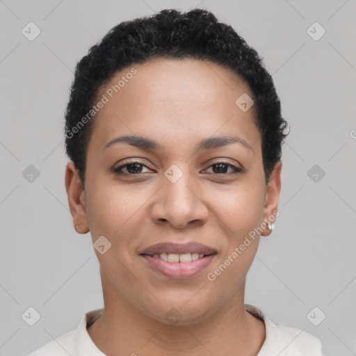 Joyful latino young-adult female with short  brown hair and brown eyes