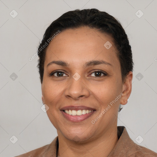 Joyful white young-adult female with short  brown hair and brown eyes