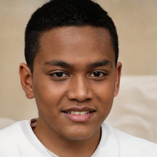 Joyful black young-adult male with short  brown hair and brown eyes