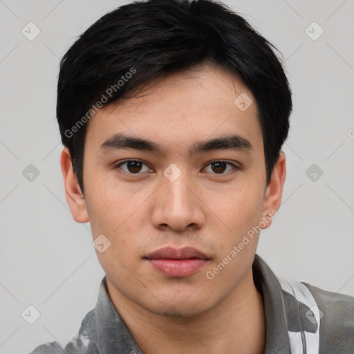 Neutral white young-adult male with short  black hair and brown eyes
