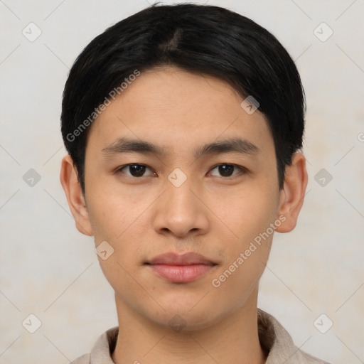 Neutral asian young-adult male with short  black hair and brown eyes