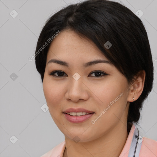 Joyful white young-adult female with medium  brown hair and brown eyes