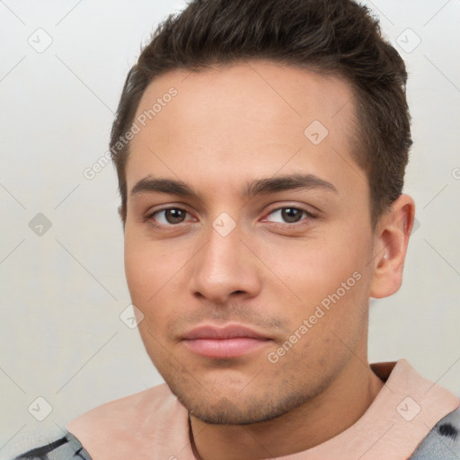 Neutral white young-adult male with short  brown hair and brown eyes