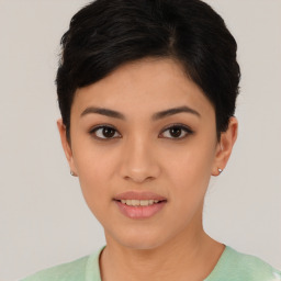 Joyful asian young-adult female with short  black hair and brown eyes