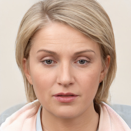 Neutral white young-adult female with medium  brown hair and grey eyes