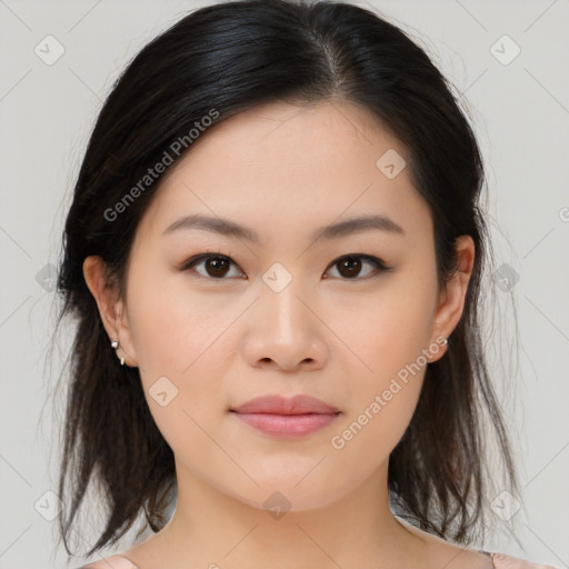 Neutral asian young-adult female with medium  brown hair and brown eyes