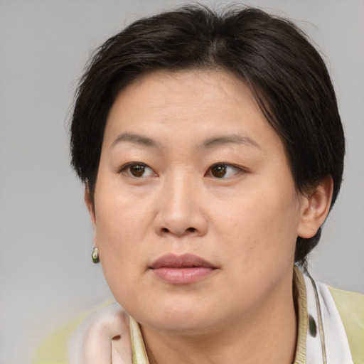 Neutral asian adult female with short  brown hair and brown eyes