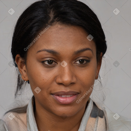 Joyful black young-adult female with medium  brown hair and brown eyes