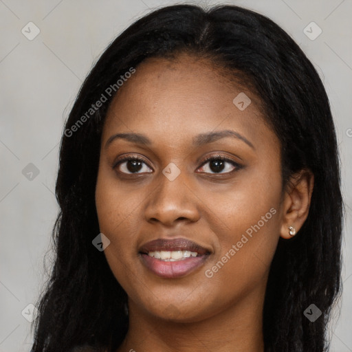 Joyful asian young-adult female with long  black hair and brown eyes