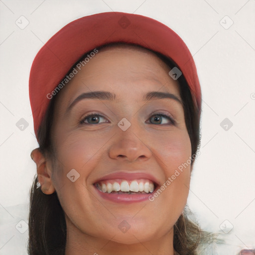 Joyful white young-adult female with long  brown hair and blue eyes