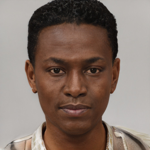 Neutral black young-adult male with short  black hair and brown eyes