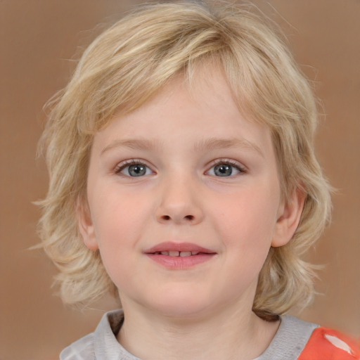 Joyful white child female with medium  blond hair and grey eyes