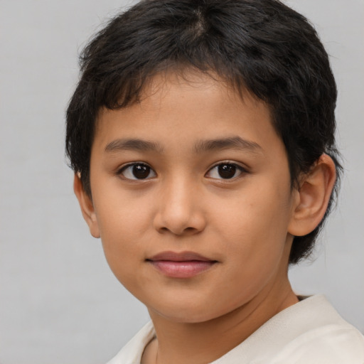 Joyful asian child female with short  brown hair and brown eyes
