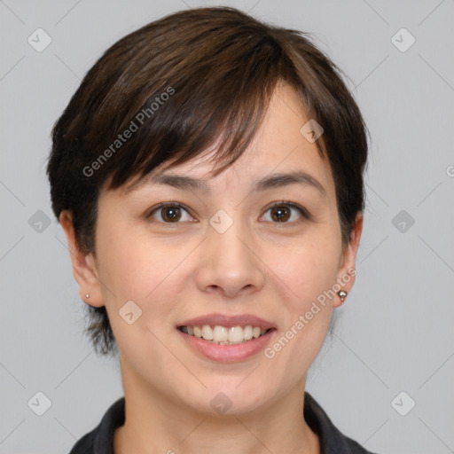 Joyful white young-adult female with medium  brown hair and brown eyes