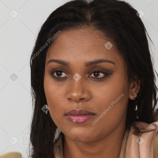 Joyful asian young-adult female with long  brown hair and brown eyes