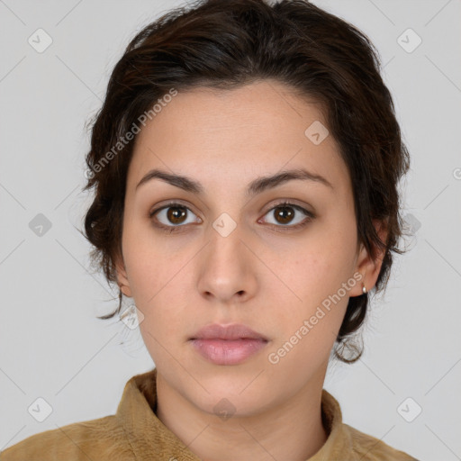 Neutral white young-adult female with medium  brown hair and brown eyes