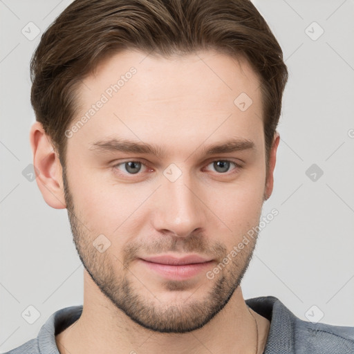 Neutral white young-adult male with short  brown hair and grey eyes