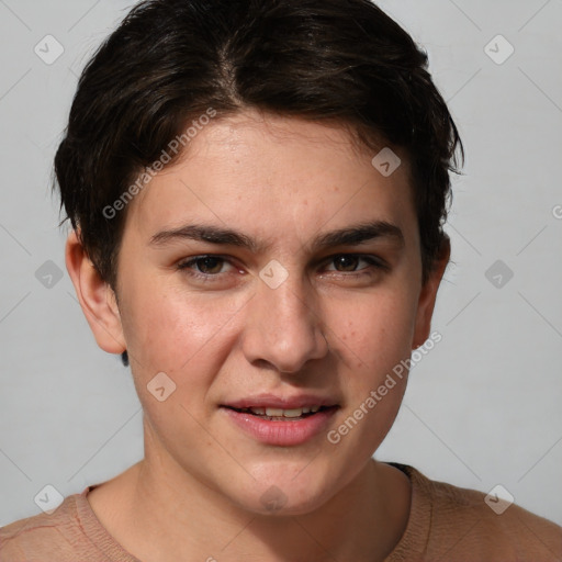 Joyful white young-adult female with short  brown hair and brown eyes