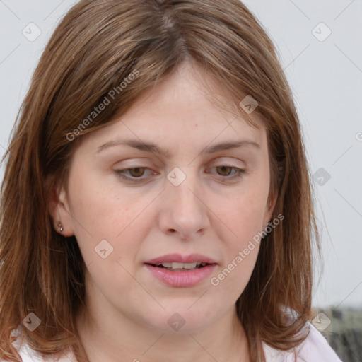 Joyful white young-adult female with medium  brown hair and blue eyes