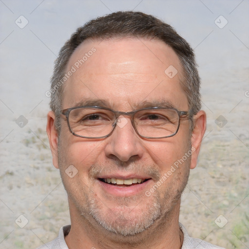 Joyful white middle-aged male with short  brown hair and brown eyes