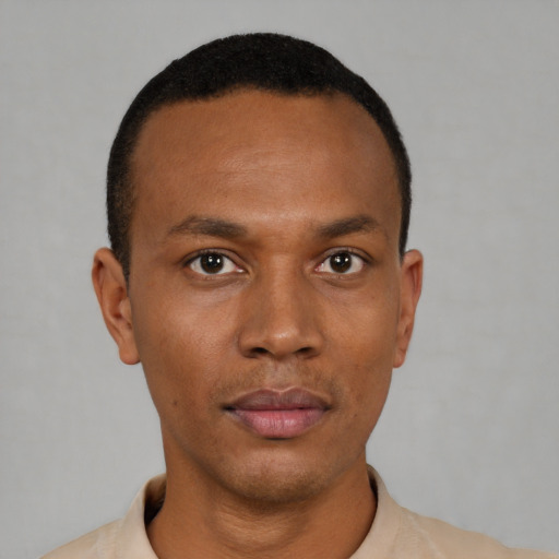 Neutral black young-adult male with short  black hair and brown eyes