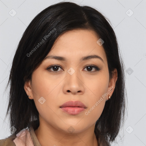 Neutral asian young-adult female with medium  brown hair and brown eyes