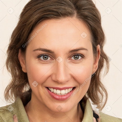 Joyful white young-adult female with medium  brown hair and green eyes