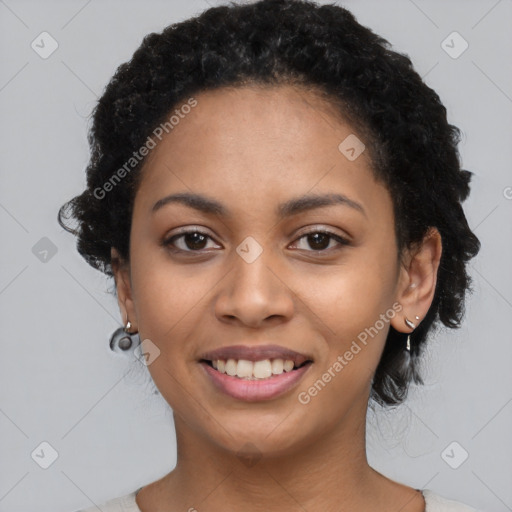 Joyful latino young-adult female with short  black hair and brown eyes