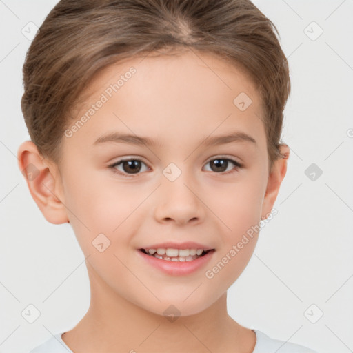 Joyful white child female with short  brown hair and brown eyes