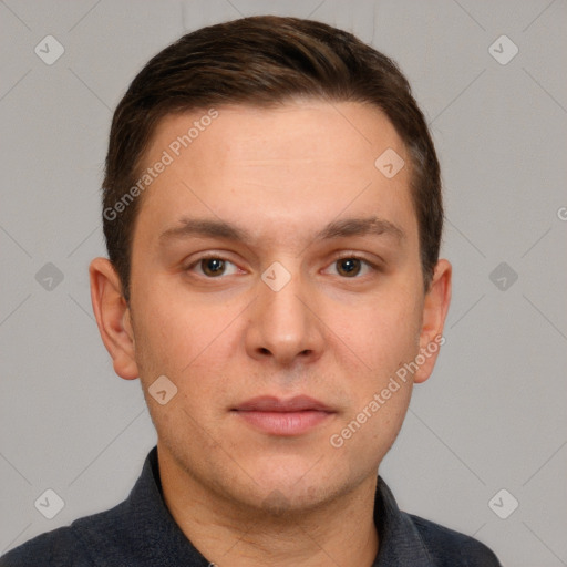 Neutral white young-adult male with short  brown hair and grey eyes