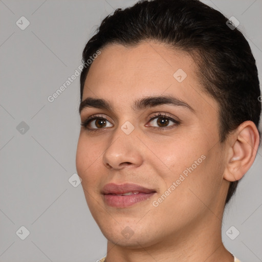 Joyful white young-adult female with short  brown hair and brown eyes