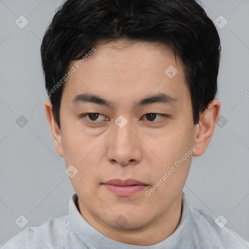 Neutral asian young-adult male with short  black hair and brown eyes