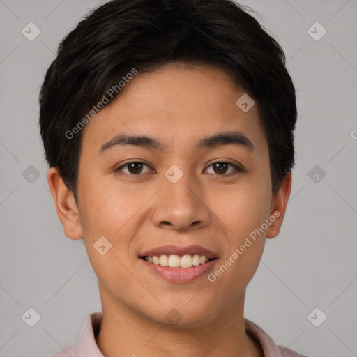 Joyful asian young-adult female with short  brown hair and brown eyes