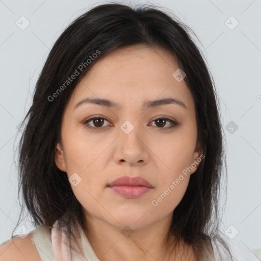 Neutral asian young-adult female with medium  brown hair and brown eyes