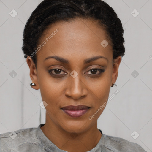 Joyful latino young-adult female with short  black hair and brown eyes