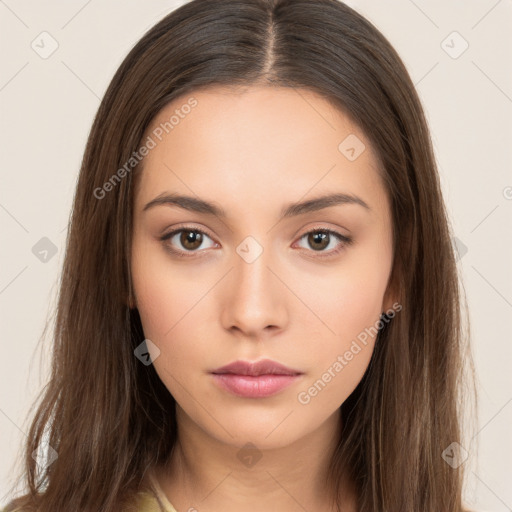 Neutral white young-adult female with long  brown hair and brown eyes