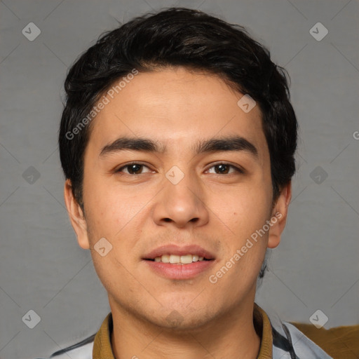 Joyful white young-adult male with short  black hair and brown eyes