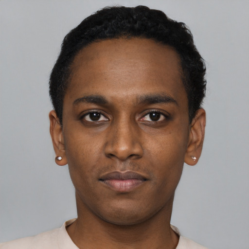 Neutral black young-adult male with short  black hair and brown eyes
