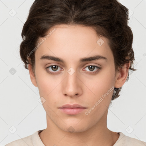 Neutral white young-adult female with short  brown hair and brown eyes