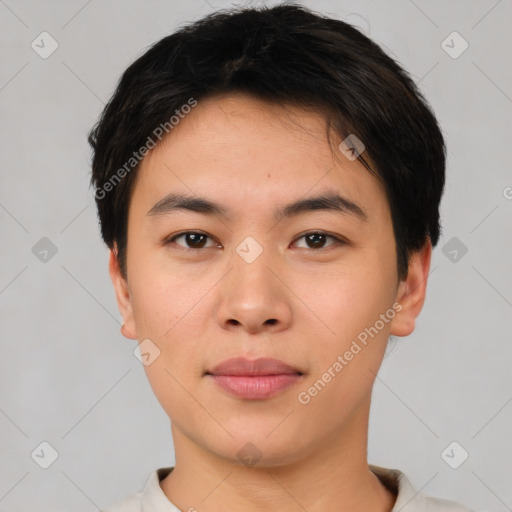 Neutral asian young-adult male with short  brown hair and brown eyes