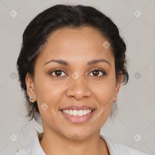 Joyful latino young-adult female with medium  brown hair and brown eyes