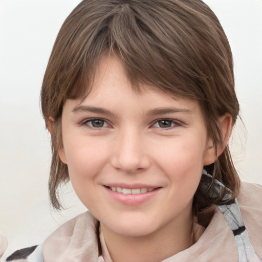 Joyful white child female with medium  brown hair and brown eyes