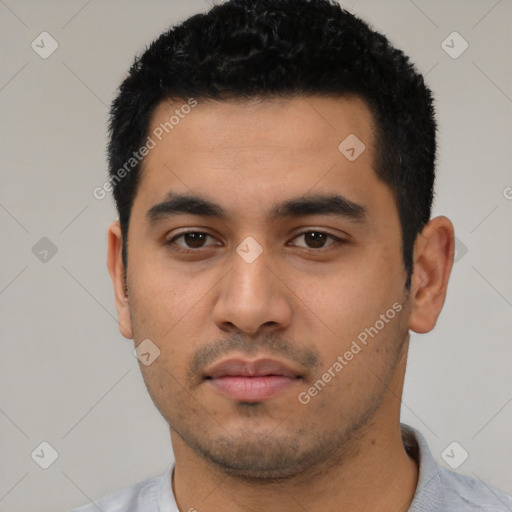 Neutral latino young-adult male with short  black hair and brown eyes