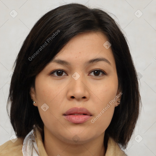 Neutral asian young-adult female with medium  brown hair and brown eyes